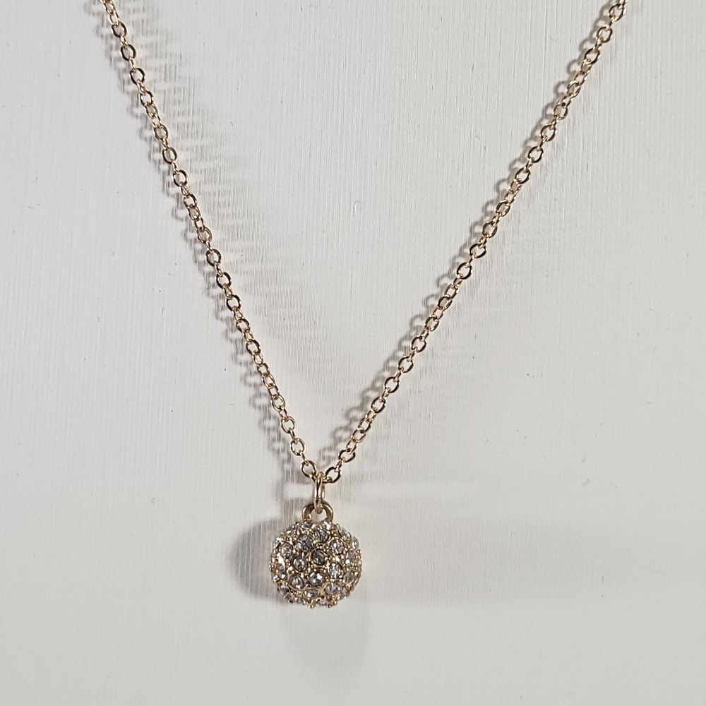 T Tahari Necklace Gold Tone Crystal Pave Ball Sphere Pendant Adjustable Chain